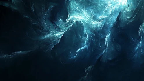 Turbulent luminance vortices in deep cyan fractal fluid field.