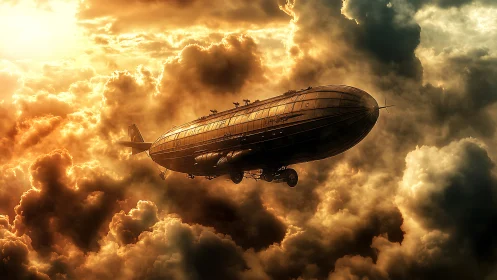 Steampunk airship crossing dense golden storm clouds.