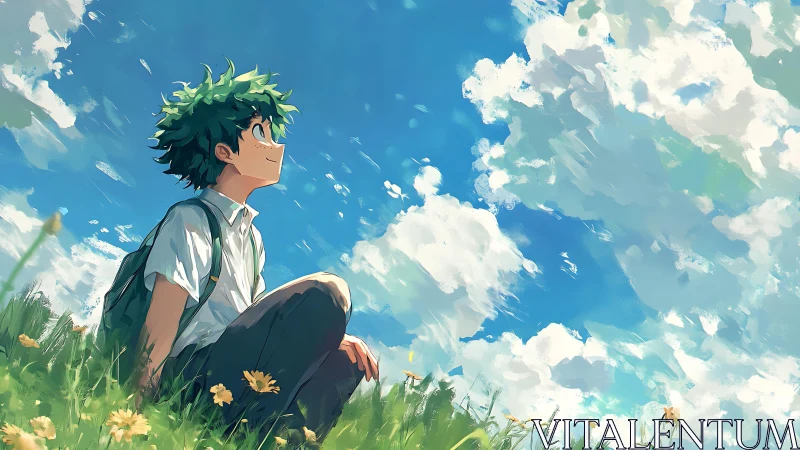 Anime youth in grassy field under cumulonimbus skyscape.
