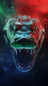 Crocodilian head rendered in tricolor lighting and frontal view