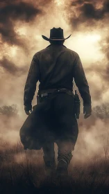 Lone gunslinger strides into stormlit frontier silence.
