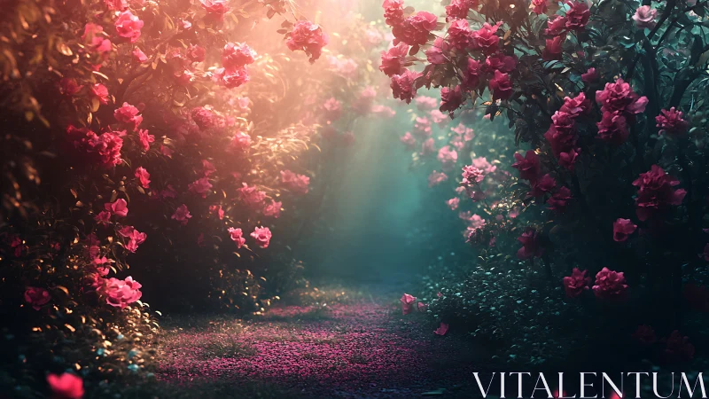 Rose garden corridor lit by golden and cyan atmospheric light