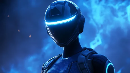 Futuristic armored figure with glowing blue visor stands.