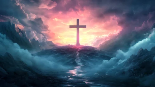 Radiant cross rising over stormlit ocean of mist and hope.