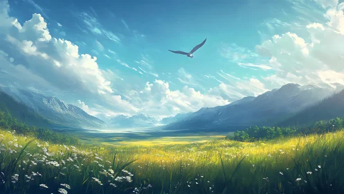 Soaring bird glides above sunlit valley and distant peaks