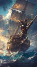 Wooden sailing ship with lookout on rigging in rough sea.