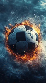 Fiery soccer ball streaks forward through stormy swirling smoke