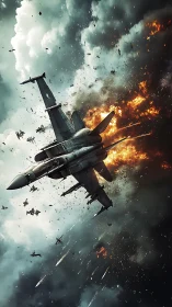 Military jet dives through midair explosion and dense debris field