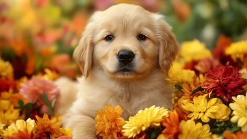 Photorealistic golden retriever puppy in floral chrysanthemum field.