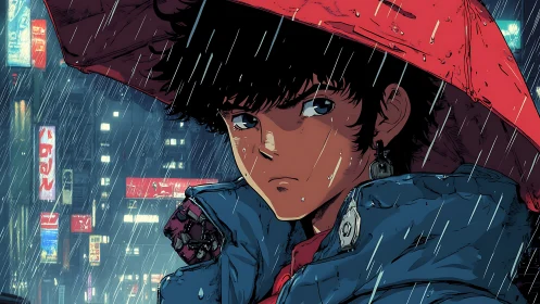 Rain-soaked neon wanderer under a stubborn red umbrella.