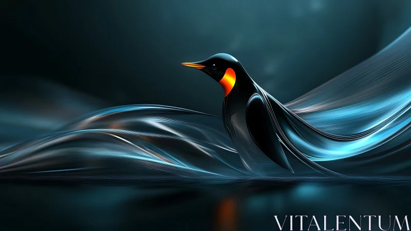Futuristic penguin glides through luminous aqua currents.