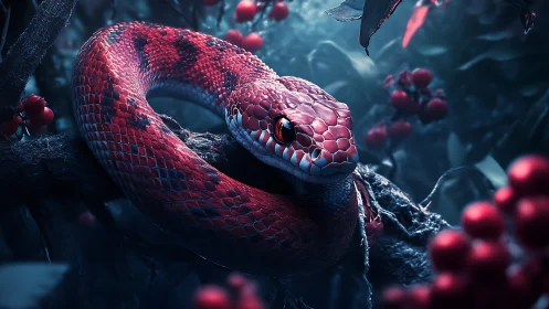 Crimson serpent coils in a moody, frost‑lit forest lair