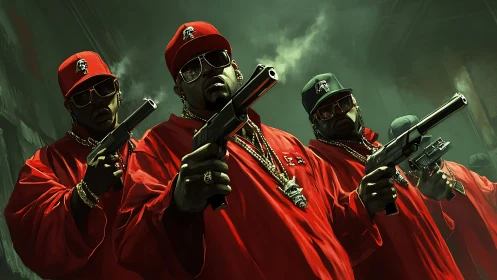 Gang crew in red coats holding pistols, urban alley scene.