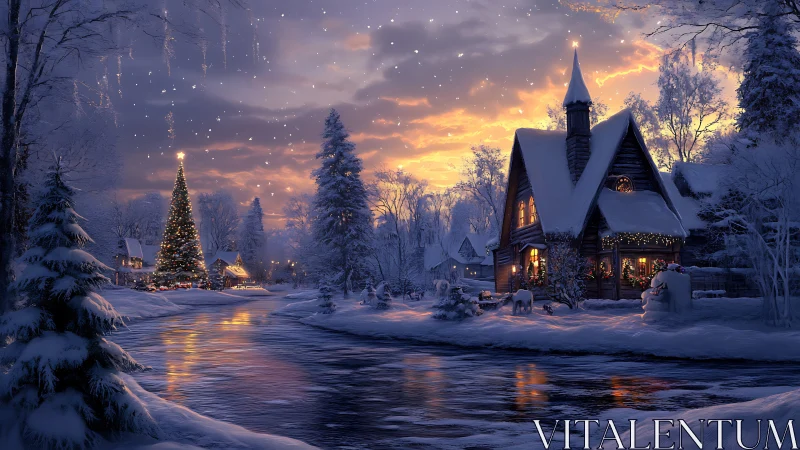 Snow-covered village houses stand beside reflective river