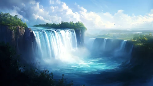 Sunlit fantasy waterfalls plunge into a tranquil azure basin