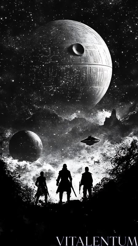 Monochrome sci fi battle scene with planets and warriors.
