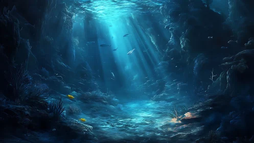 Sunlit underwater cavern with fish and rocky seafloor scene.