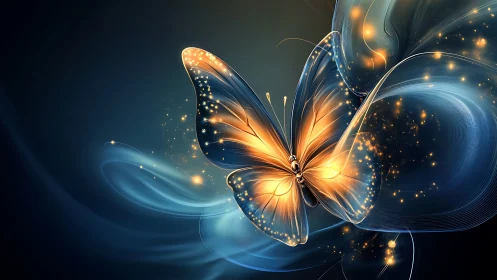 Digital luminous butterfly with abstract flowing trails.