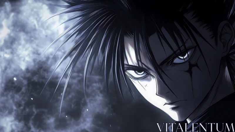 Intense anime character portrait in dark blue lighting.