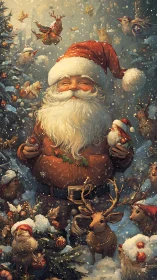 Santa breathes laughter into a snowfall of singing creatures