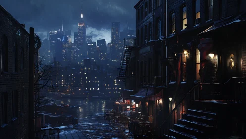 Urban waterfront alley overlooks illuminated high-rise skyline