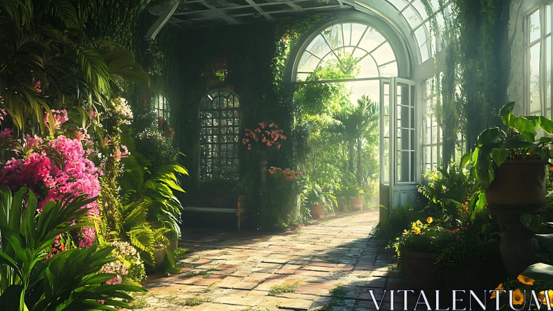 Sunlit glass conservatory opens onto lush blooming garden
