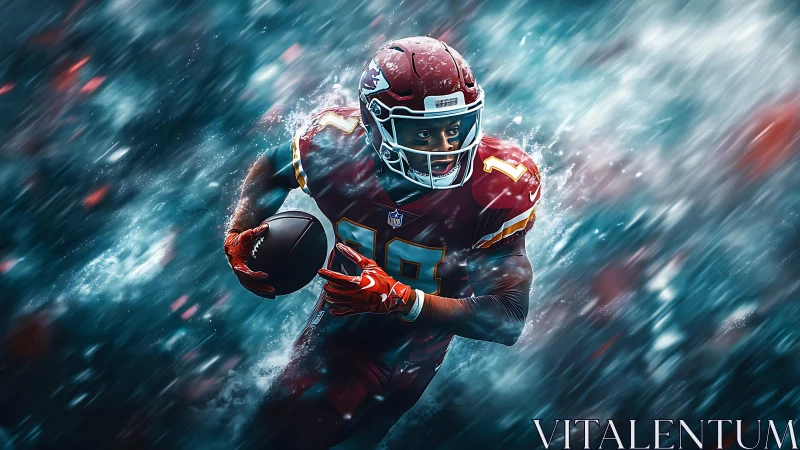 Explosive football runner charges through dynamic storm effects.