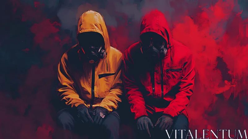 Dual hooded figures in respirators against red vapor field
