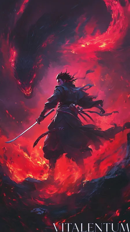 Sword-wielding warrior faces fiery dragon in red void.