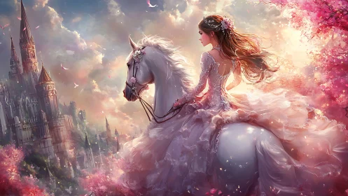 Princess on luminous white horse under ethereal castle skyline