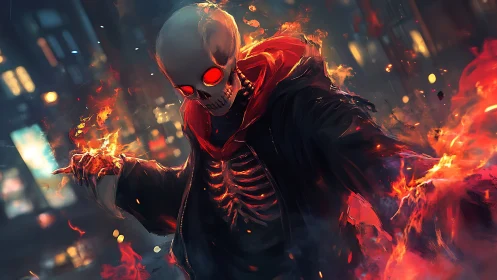 Flaming skeletal figure advances through blurred neon city