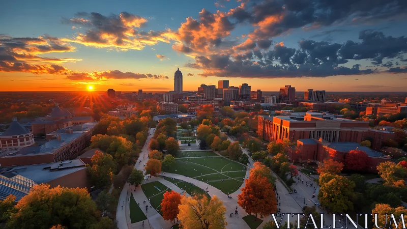 Sunset aerial of urban campus quad with autumn foliage glow.