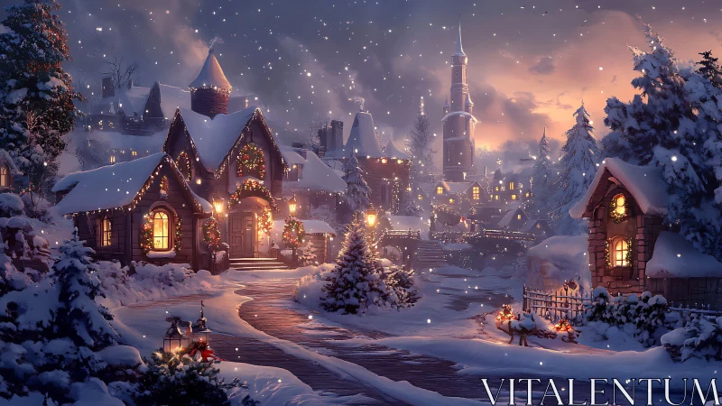 Snow laden village street illuminated by warm festive lighting