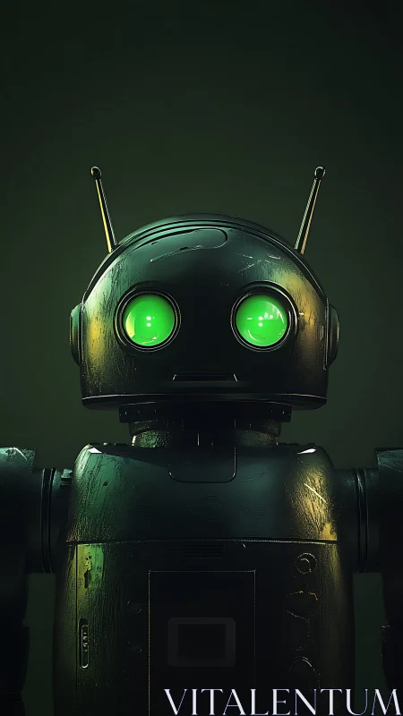 Gentle green-eyed robot gazing softly into the dark.