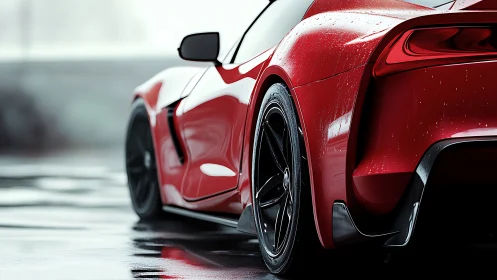 Red sports car rear view in wet urban setting at rest.