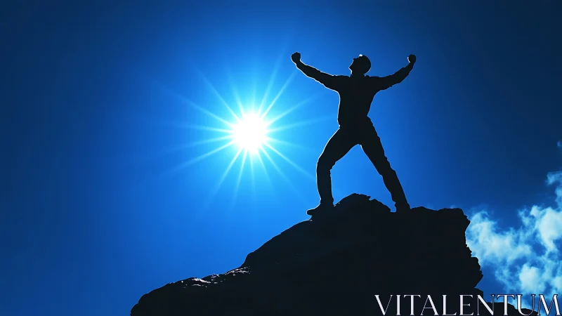 Silhouette climber triumphs on mountain peak against sun.