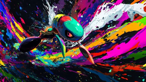 Colorful paint-splash creature races through vivid cosmic waves
