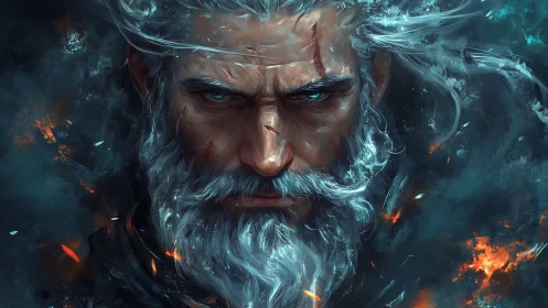 Storm-lit elder warrior portrait renders fierce elemental gaze