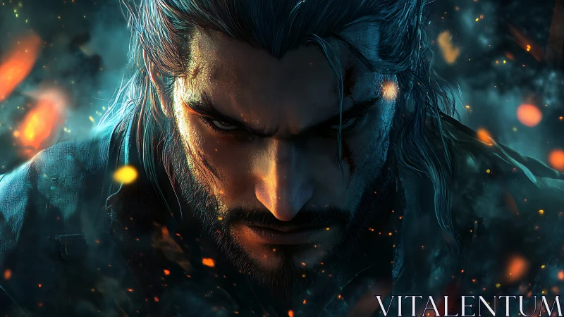 Battle-hardened warrior glare under burning embers.