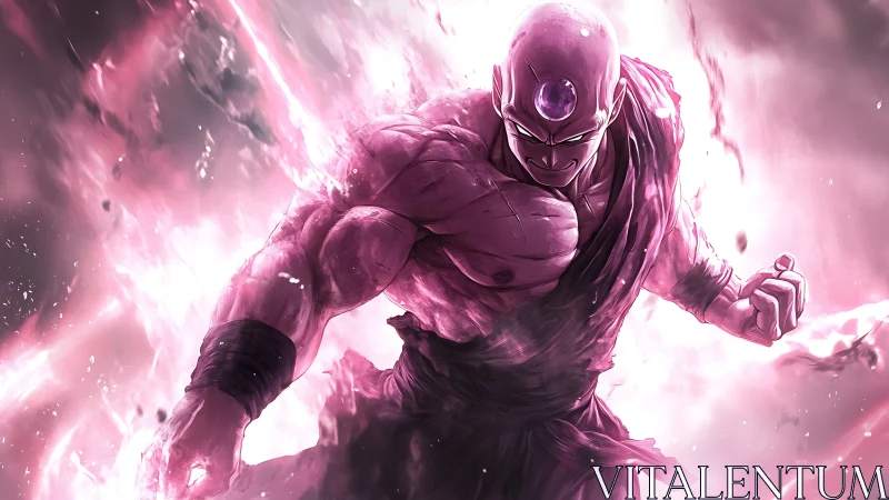 Dynamic anime warrior in explosive magenta energy field.
