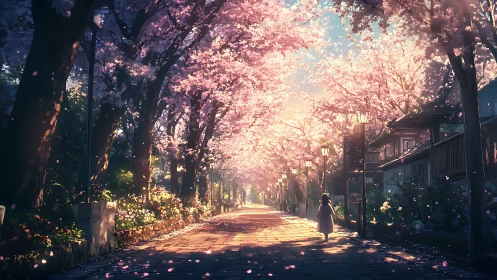 Twilight cherry blossom avenue with solitary child figure walking