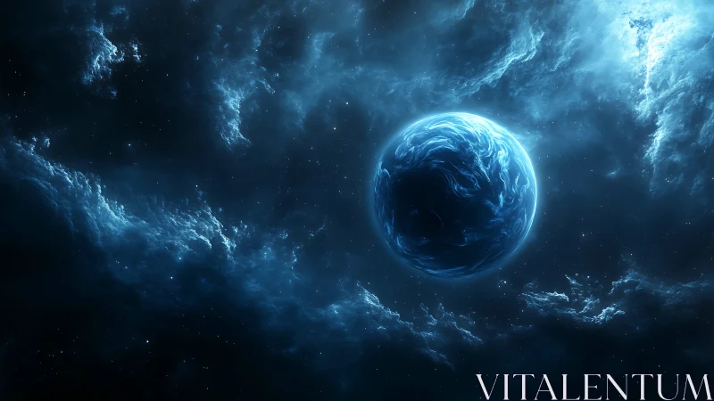 Luminous blue planet drifts in ethereal cosmic nebula glow