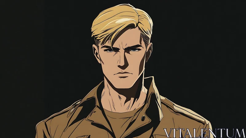 Blond male figure is rendered in stylized comic profile