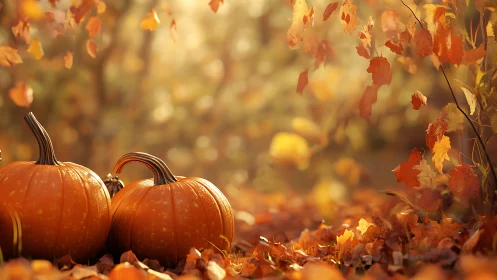 Pumpkins resting on autumn leaves in warm afternoon light.