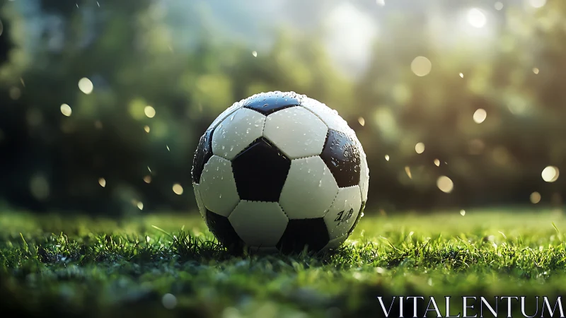 Soccer ball rests on wet grass under soft backlit rain