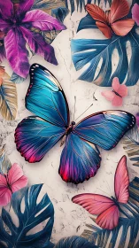 Multicolored butterflies over stylized tropical foliage arrangement.
