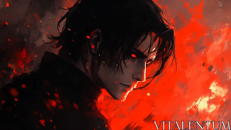 Dark-haired male figure in red-lit abstract environment.