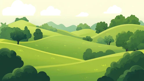 Gentle green hills roll under a calm, sunlit sky