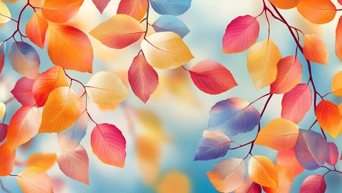 Graceful autumn leaves drift softly across a dreamy sky