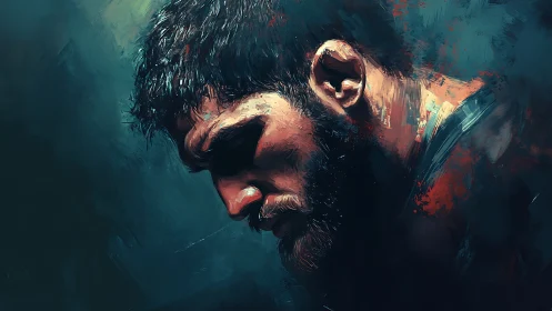 Brooding warrior bowed in dusk-blue storm of brushstrokes.